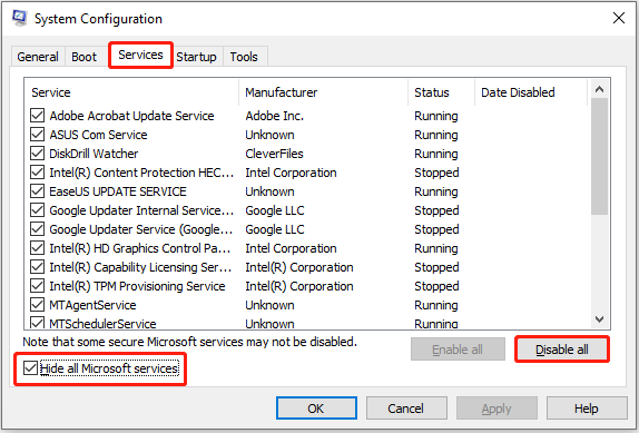   desabilitar todos os serviços que não sejam da Microsoft na janela Configuração do sistema