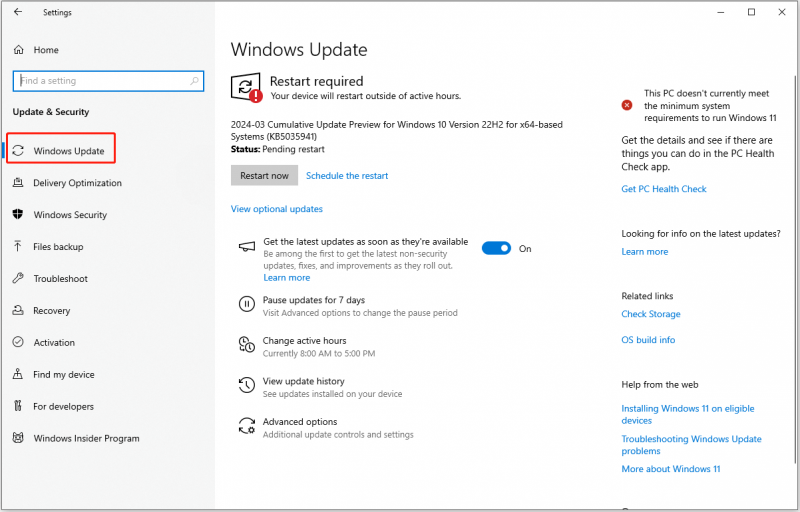   a seção Windows Update