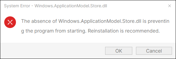   Mensagem de erro Windows.ApplicationModel.Store.dll