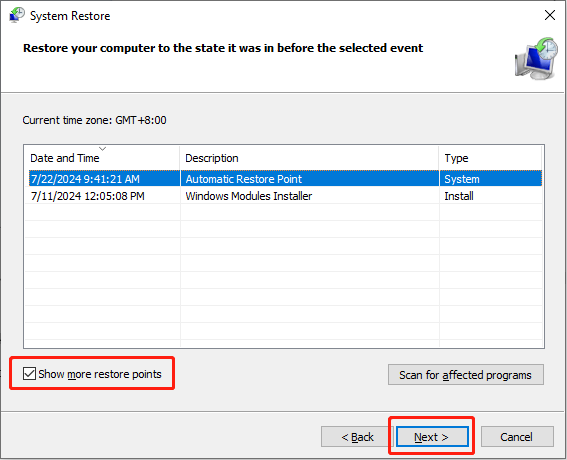   Haga clic en Mostrar más puntos de restauración y seleccione Siguiente.