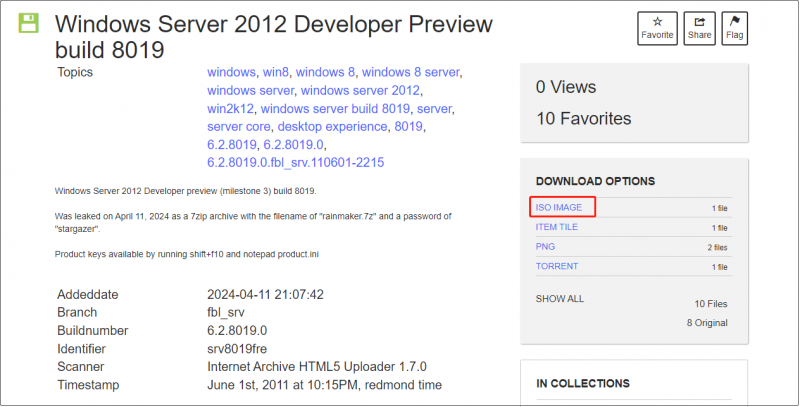   stáhněte si soubor obrazu ISO náhledového sestavení Windows Server 2012 8019