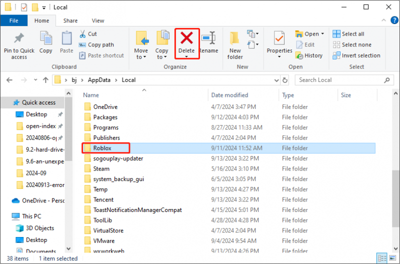   روبلوکس فولڈر کو حذف کریں۔