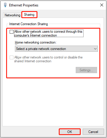   desativar o compartilhamento de conexão com a Internet nas propriedades Ethernet