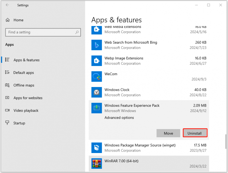   desinstal·leu Windows Feature Experience Pack