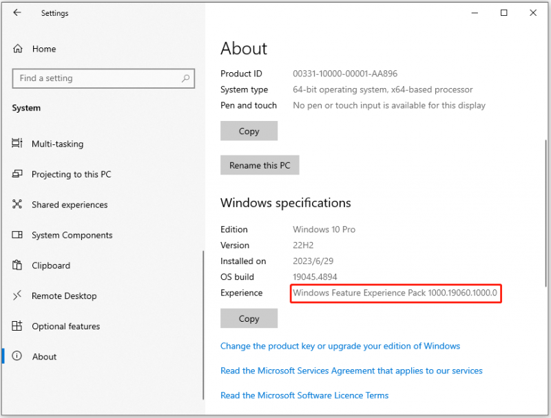   raskite „Windows Feature Experience Pack“ versijos numerį