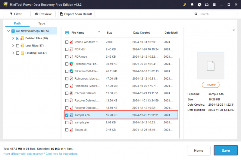   clique no botão Salvar para salvar os arquivos recuperados no MiniTool Power Data Recovery