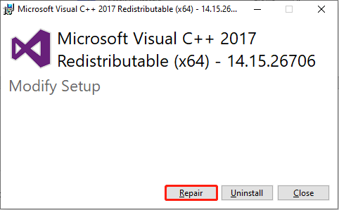   clique no botão Reparar para reparar redistribuíveis do Microsoft Visual C++