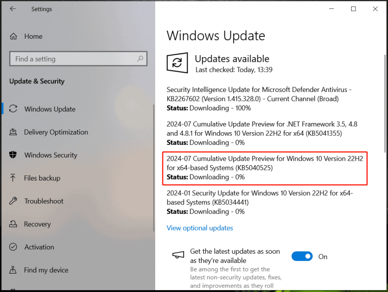   Windows 10 KB5040525 dalam Tetapan