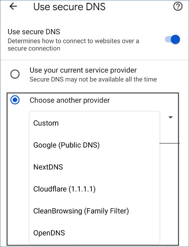  ændre DNS-server i Chrome på en mobilenhed