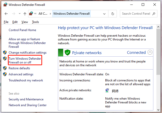  premi Attiva o disattiva Windows Defender Firewall
