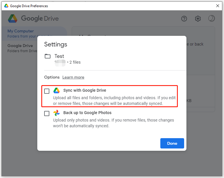   décochez Synchroniser avec Google Drive