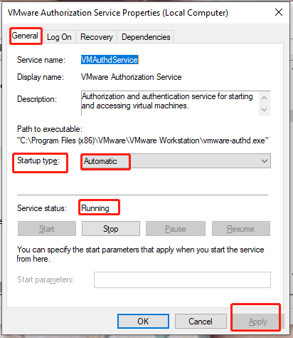   inicie o serviço de autorização VMware manualmente