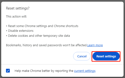   i-click ang I-reset ang mga setting