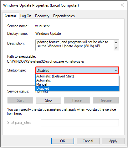   désactiver le service Windows Update
