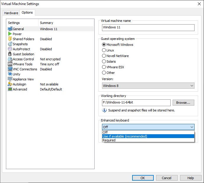   povolit rozšířený ovladač klávesnice VMware