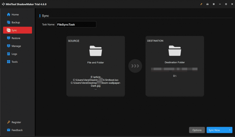   Página de sincronização do MiniTool ShadowMaker para sincronizar arquivos