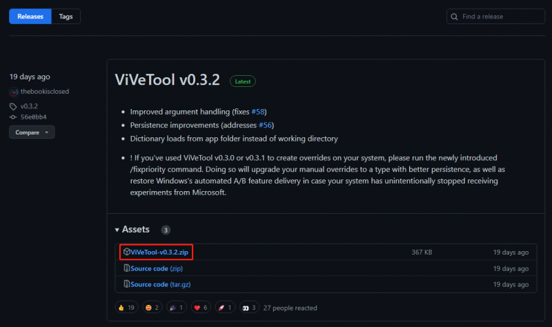   klik om de nieuwste versie van ViVeTool te downloaden