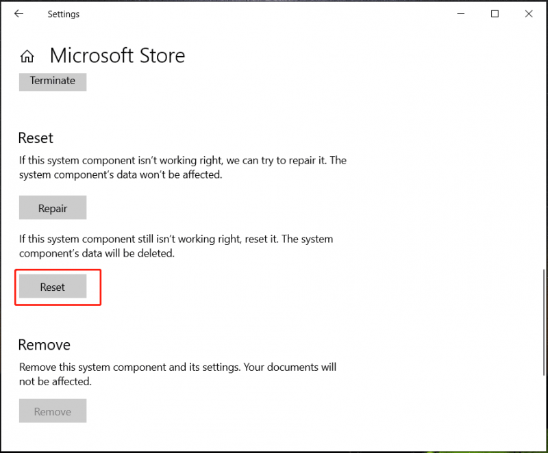  lähtestage Microsoft Store seadetes