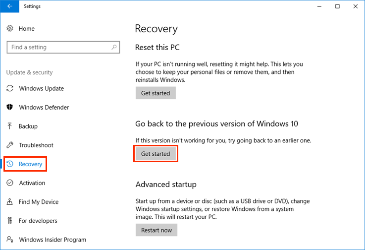   вернуться к предыдущей версии Windows 10