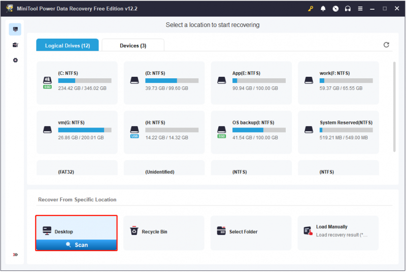   selecione a área de trabalho para procurar arquivos excluídos no MiniTool Power Data Recovery