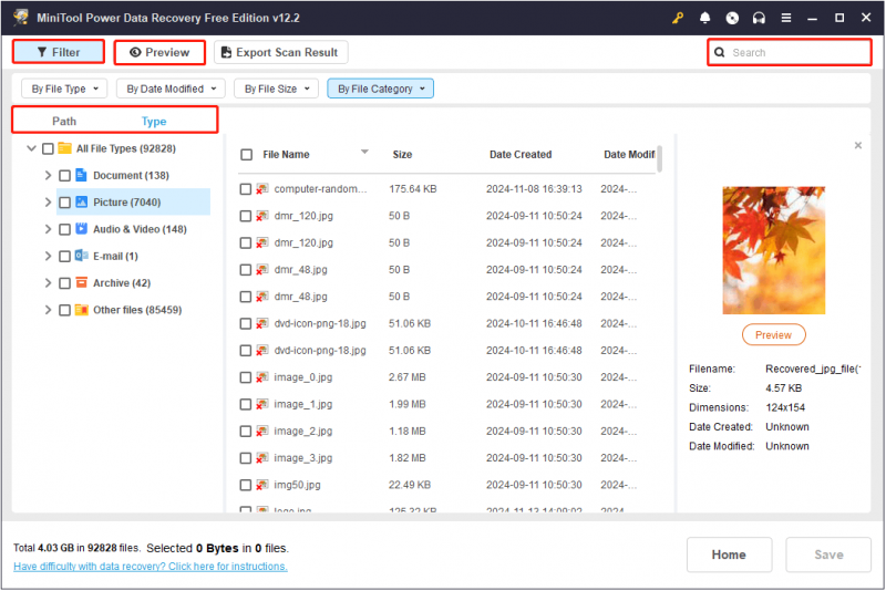   Recursos de caminho, tipo, filtro, pesquisa e visualização no MiniTool Power Data Recovery