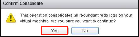 spustelėkite Taip, kad patvirtintumėte VMware disko konsolidavimą