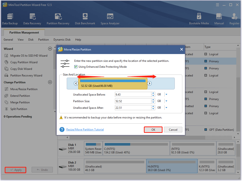 i-configure ang paglipat ng mga setting ng partition at isagawa ang operasyon