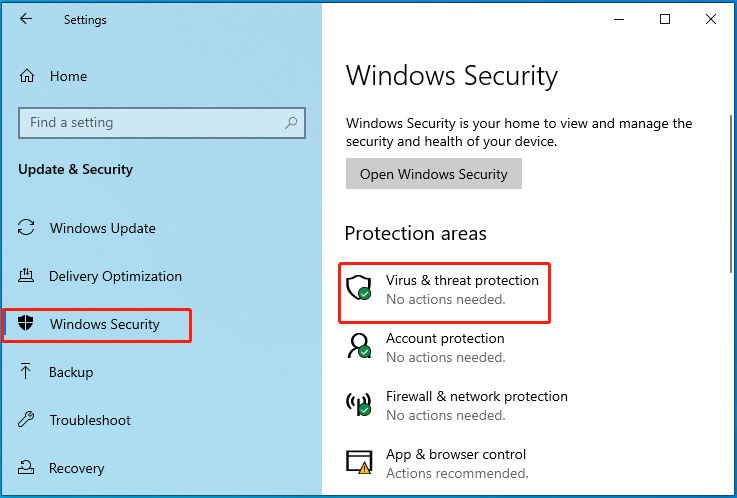   Klik på Virus- og trusselsbeskyttelse