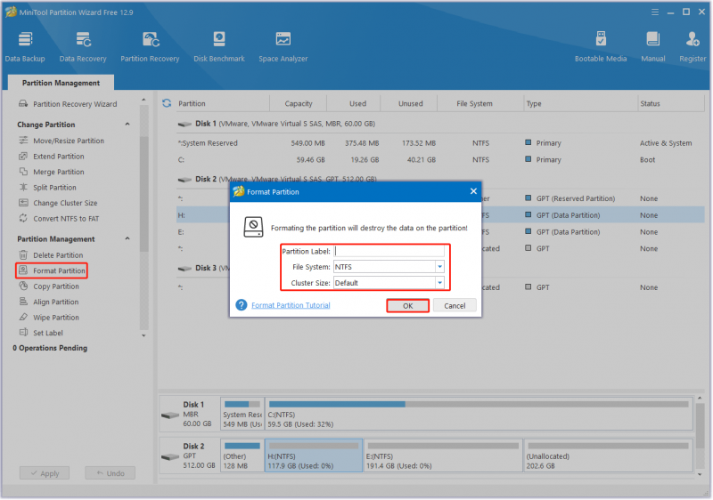   configure o rótulo da partição e o sistema de arquivos no MiniTool Partition Wizard