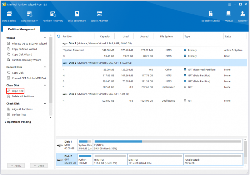   Clique em Limpar disco no MiniTool Partition Wizard