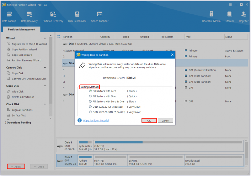   Selecione o método Wipe para limpar o SSD antigo