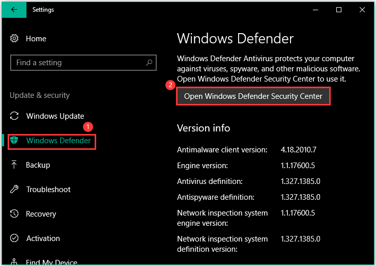 kattintson a Windows Defender biztonsági központ megnyitása gombra