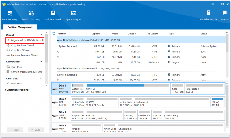   MiniTool Bölüm Sihirbazı'nı tıklayın İşletim Sistemini SSD/HD'ye Geçirme Sihirbazı özelliği