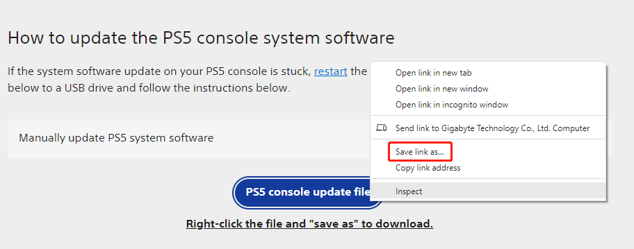 télécharger le fichier de mise à jour PS5