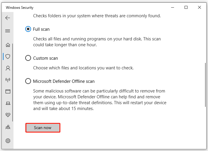   vælg Scan nu på Windows Security