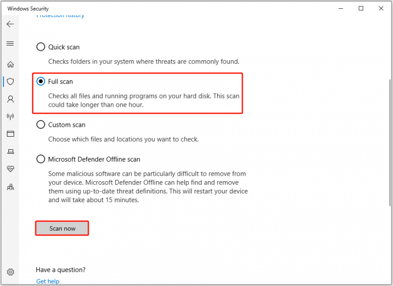   Elija Análisis completo y haga clic en Analizar ahora para ejecutar un análisis antivirus completo.