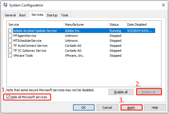   désactiver tous les autres services dans la fenêtre de configuration du système