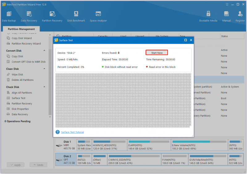   i-click ang Start Now upang simulan ang pagsasagawa ng Surface Test upang suriin ang mga masamang sektor