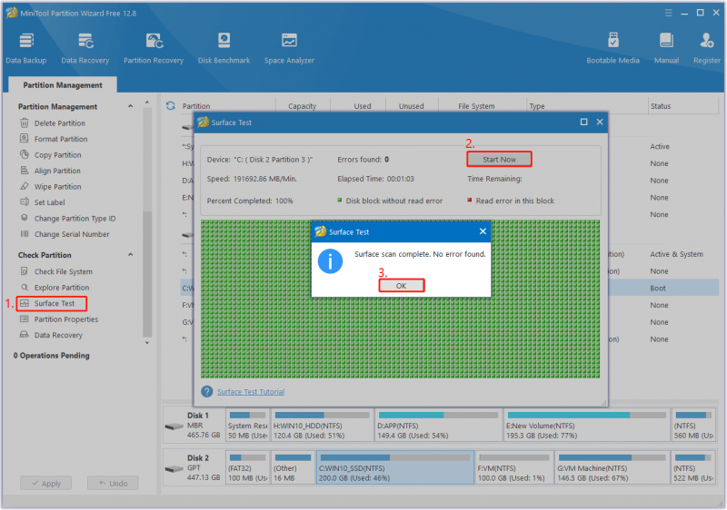   gunakan ciri Ujian Permukaan dalam MiniTool Partition Wizard