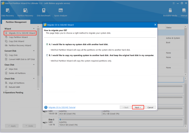   escolha um método adequado para migrar o sistema operacional no MiniTool Partition Wizard