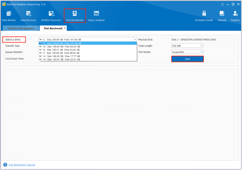   execute o benchmark de disco no MiniTool Partition Wizard