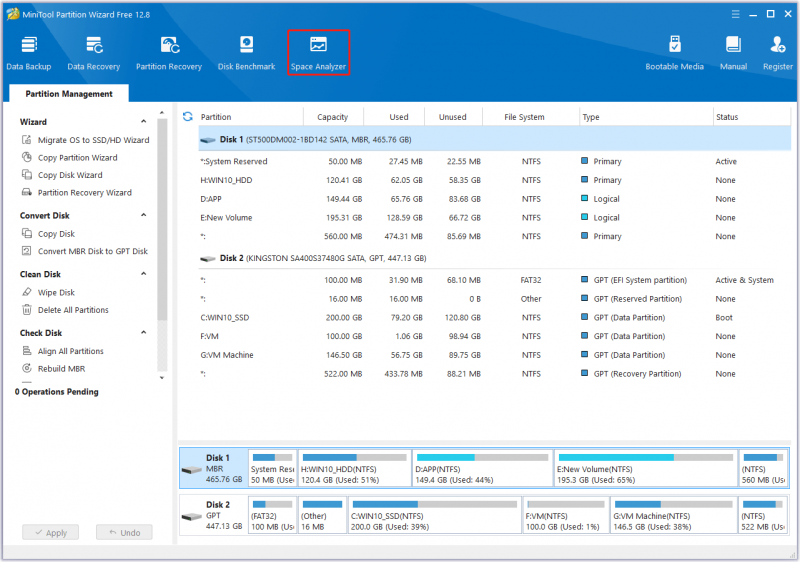   spustelėkite „Space Analyzer“ pagrindinėje „MiniTool Partition Wizard“ sąsajoje