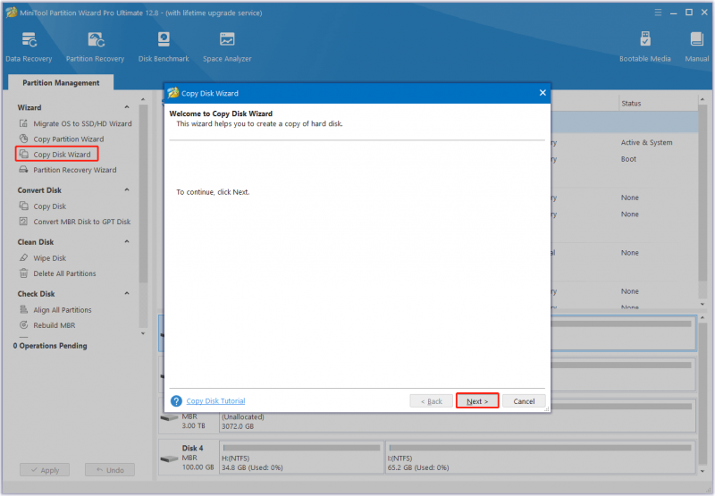   MiniTool partition Wizard pasirinkite Copy Disk Wizard ir Next