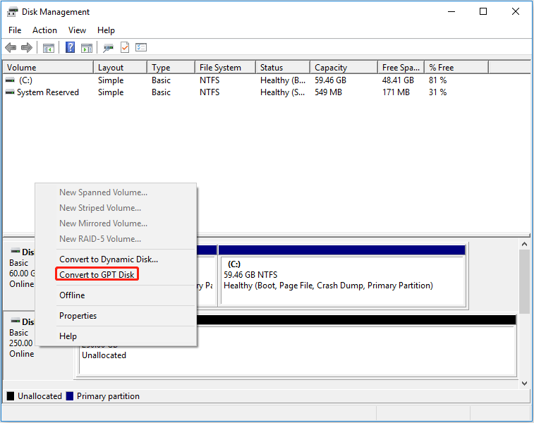   i-convert sa GPT disk sa Pamamahala ng Disk