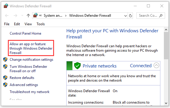   selecione Permitir um aplicativo ou recurso por meio do Windows Defender Firewall