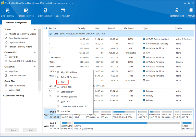   Elija la opción Copiar de MiniTool Partition Wizard