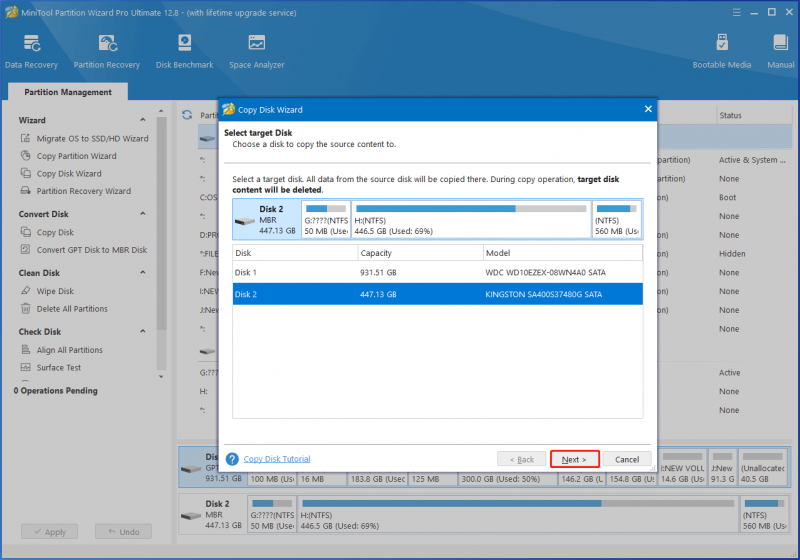   odaberite odredišni disk u MiniTool Partition Wizardu