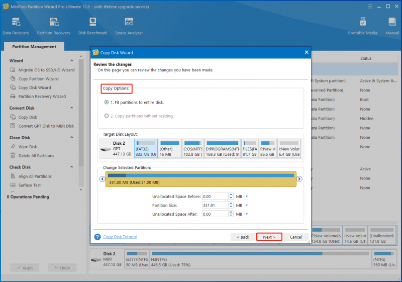   choisir les options de copie