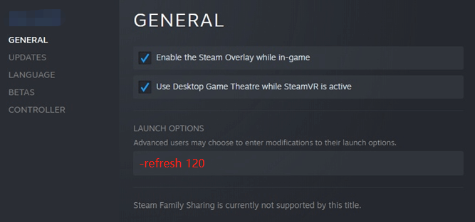   digitare refresh 120 su Opzioni di avvio di Steam